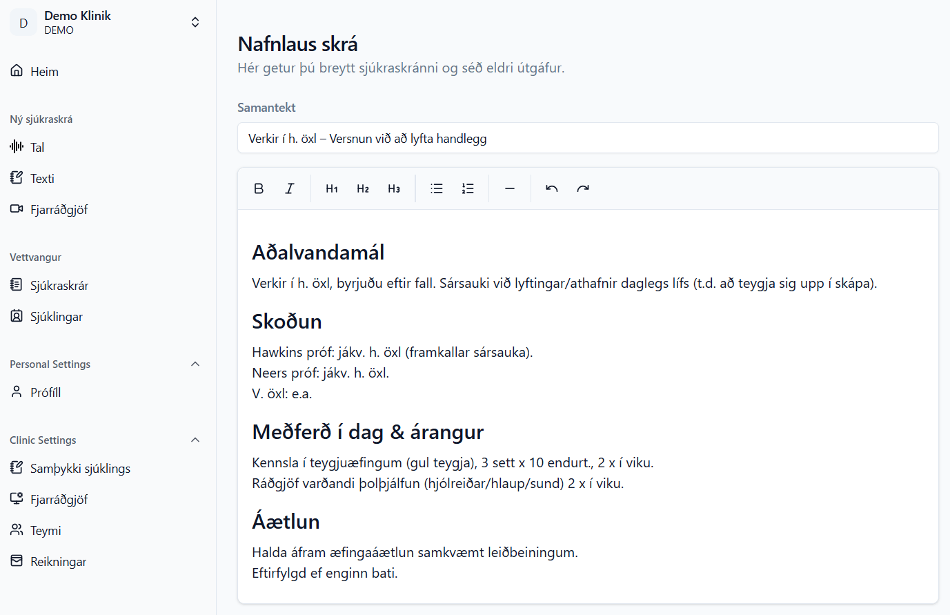 Voicare sjúkraskrár app viðmót